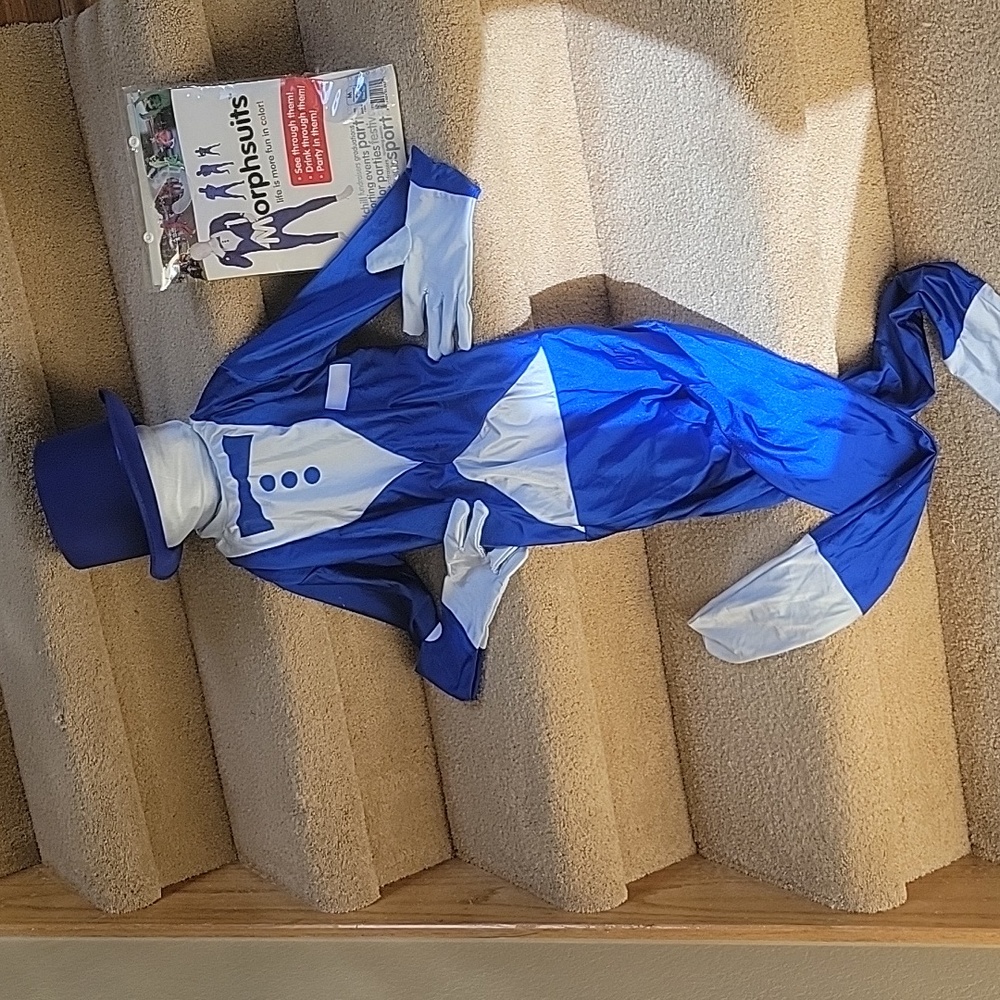 Morphsuits Blue Man Tuxedo suit with top hat. Suit covers head to toe. Kids NWT